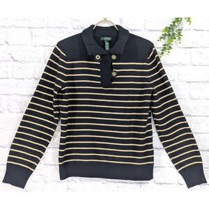 😍VTG Lauren Ralph Lauren LRL Women L GoldStriped Half-Placket Mock Neck Sweater